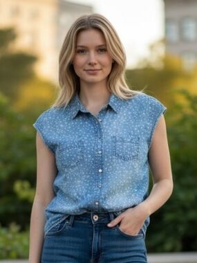 Glam Jeans Blue Star Print Denim Shirt Snap buttons size Large